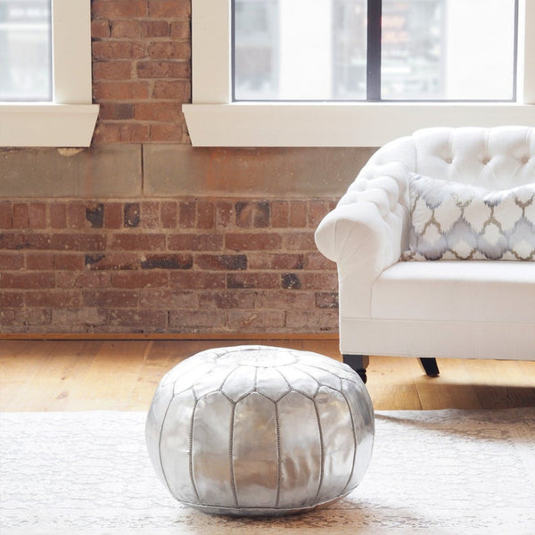 Moroccan Leather Pouffe - Silver