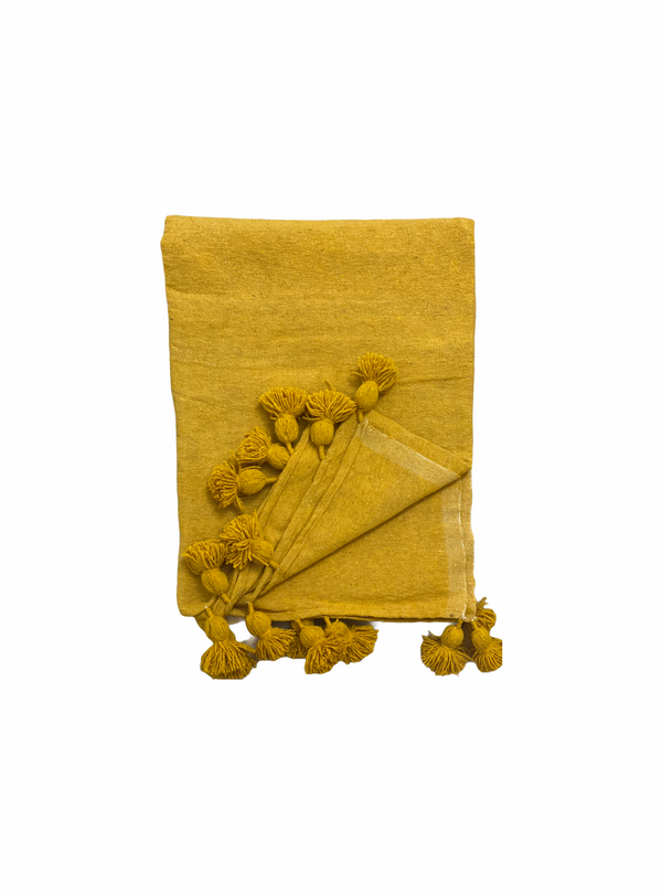 Moroccan Pom Pom Blanket - Mustard Yellow