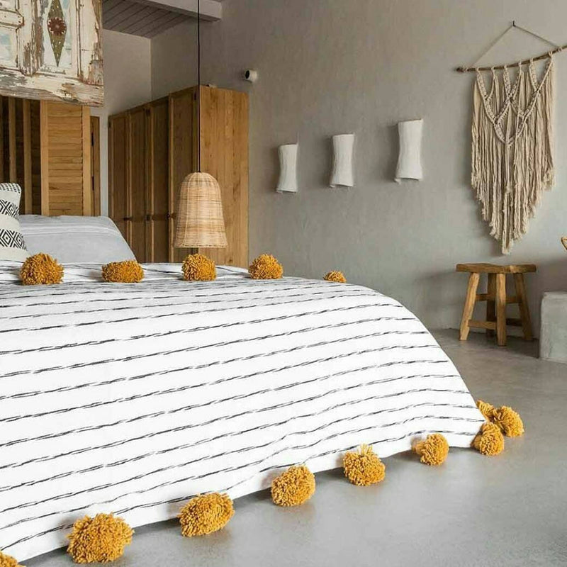 Moroccan Pom Pom Pillow - White with Black Stripes - Marrakesh