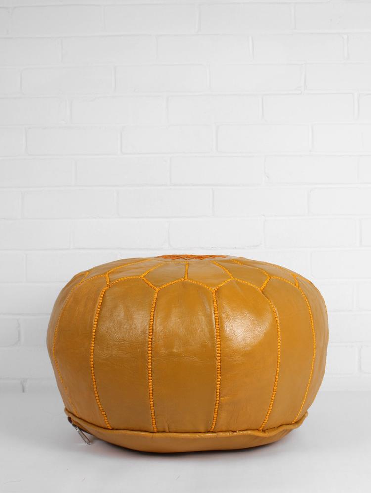 Moroccan Leather Pouffe - Yellow Mustard