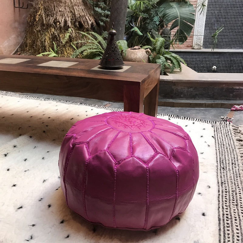 Moroccan Leather Pouffe - Fushia