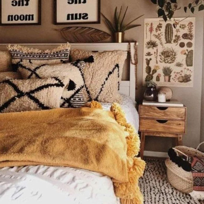 Moroccan Pom Pom Blanket - Mustard Yellow