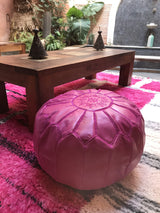 Moroccan Leather Pouffe - Fushia