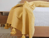 Moroccan Pom Pom Blanket - Mustard Yellow